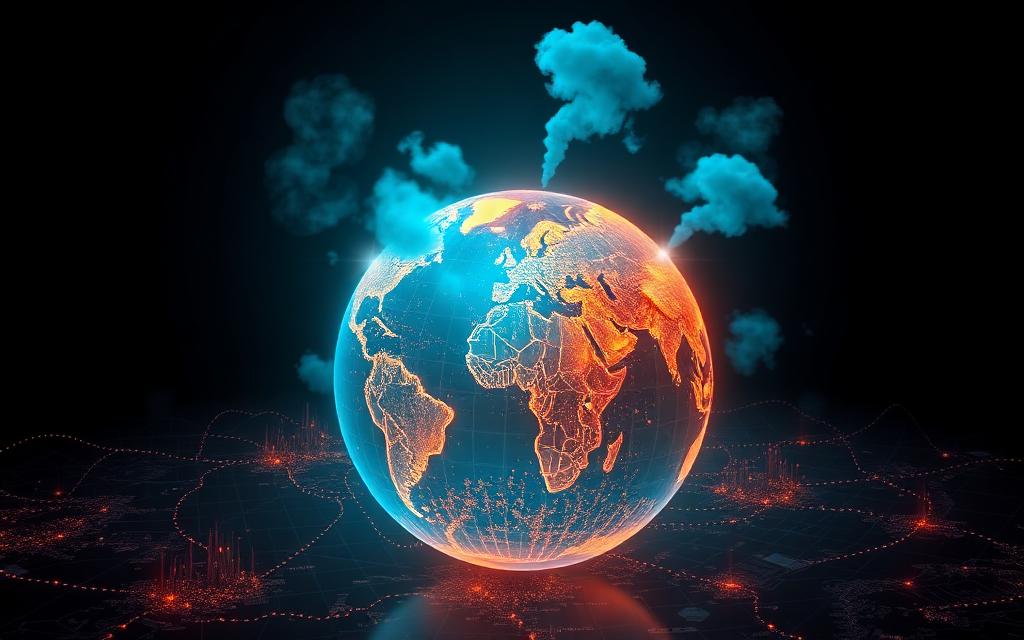Globe with glowing carbon emission plumes rising from cities