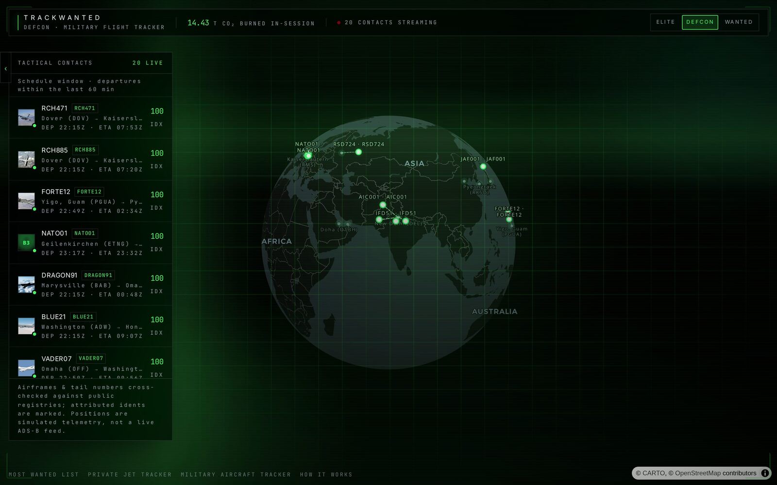 TrackWanted DEFCON mode: radar-green globe tracking military transport and command aircraft