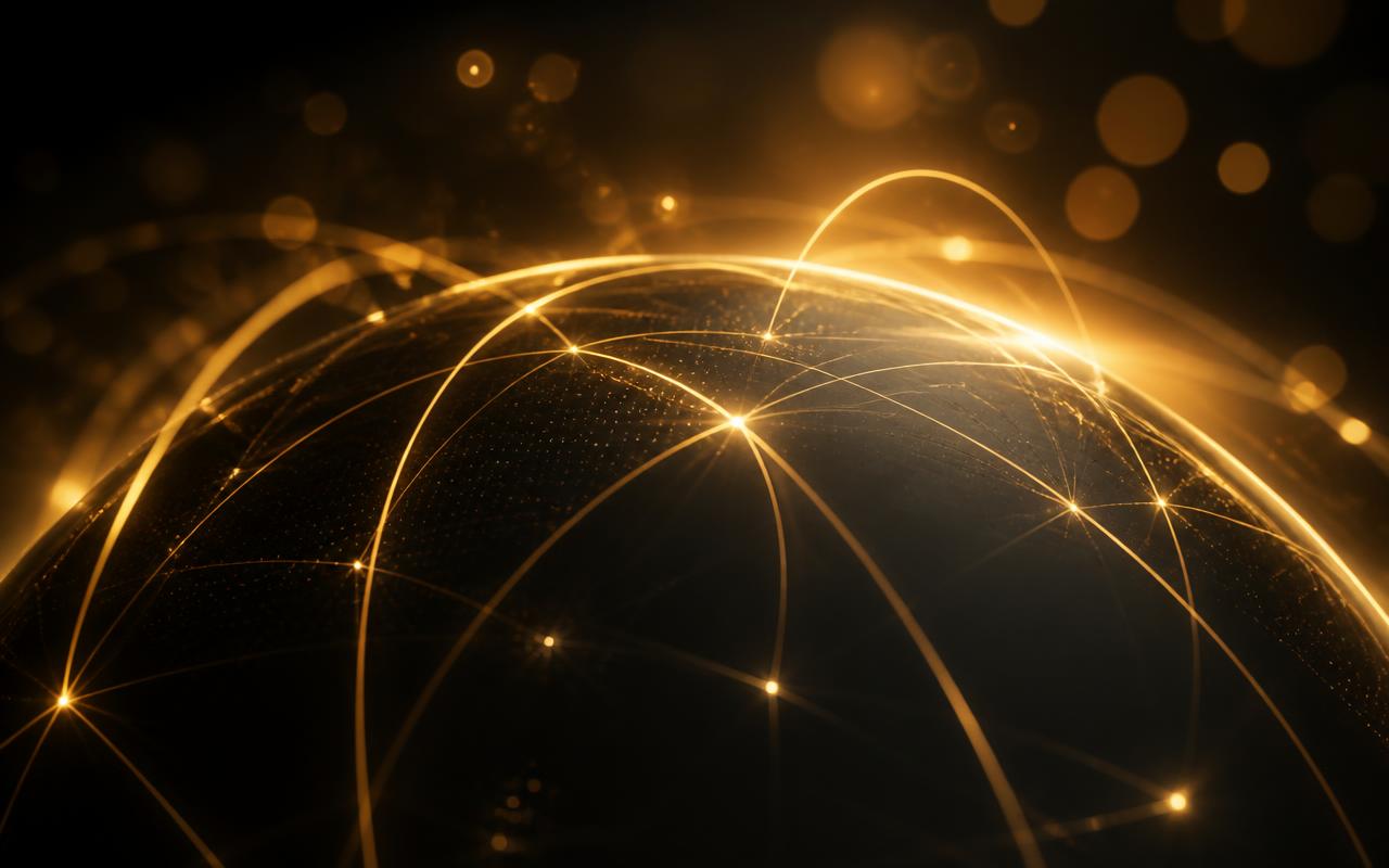 Golden arcs of light connecting points across a dark globe
