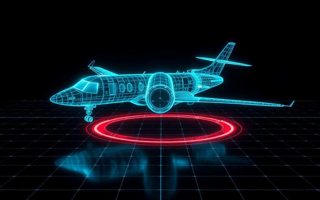 Neon wireframe private jet hologram above a dark grid