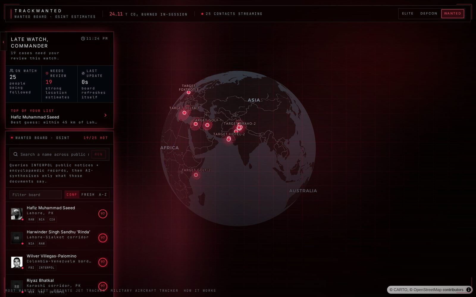 TrackWanted wanted board: crimson globe with fugitive location estimates and confidence scores